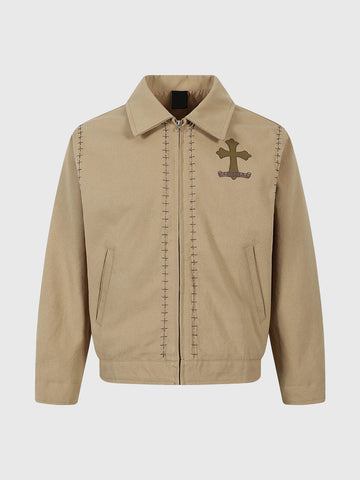 Co-ed Dorm Baggy Cross Embroidered Canvas Jacket - Tan