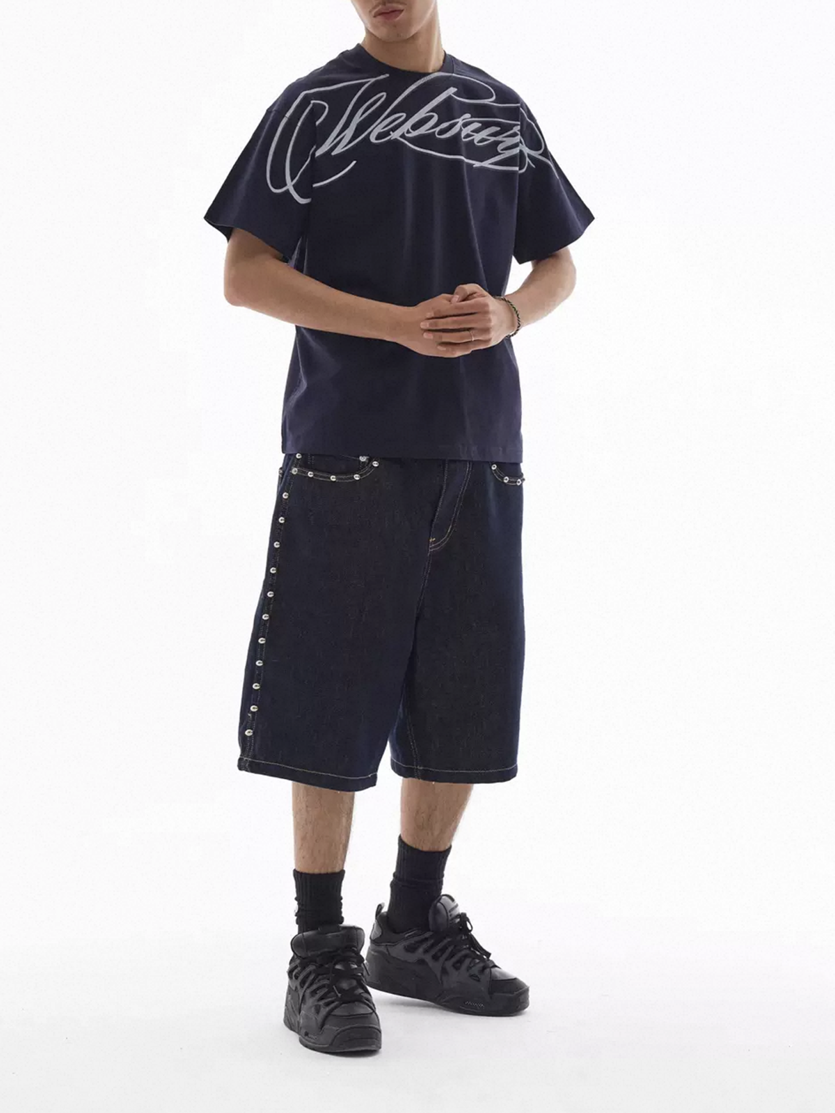 Co-ed Dorm Baggy Graphic Script Print T-Shirt - Navy