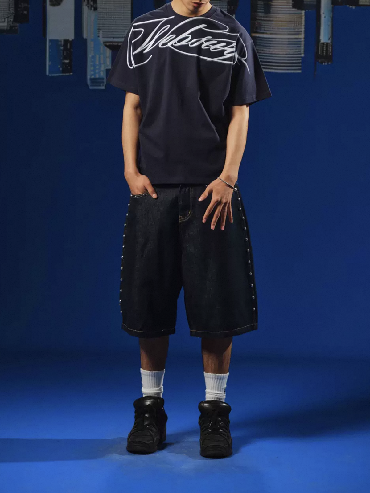 Co-ed Dorm Baggy Graphic Script Print T-Shirt - Navy