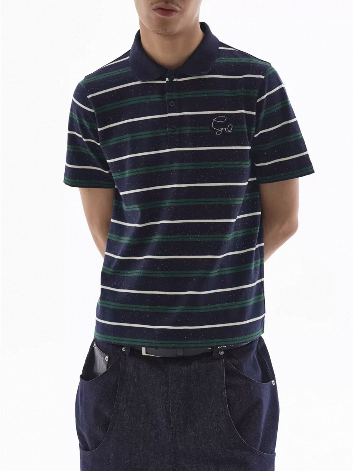 Co-ed Dorm Rhinestone Stripe Polo Shirt - Teal