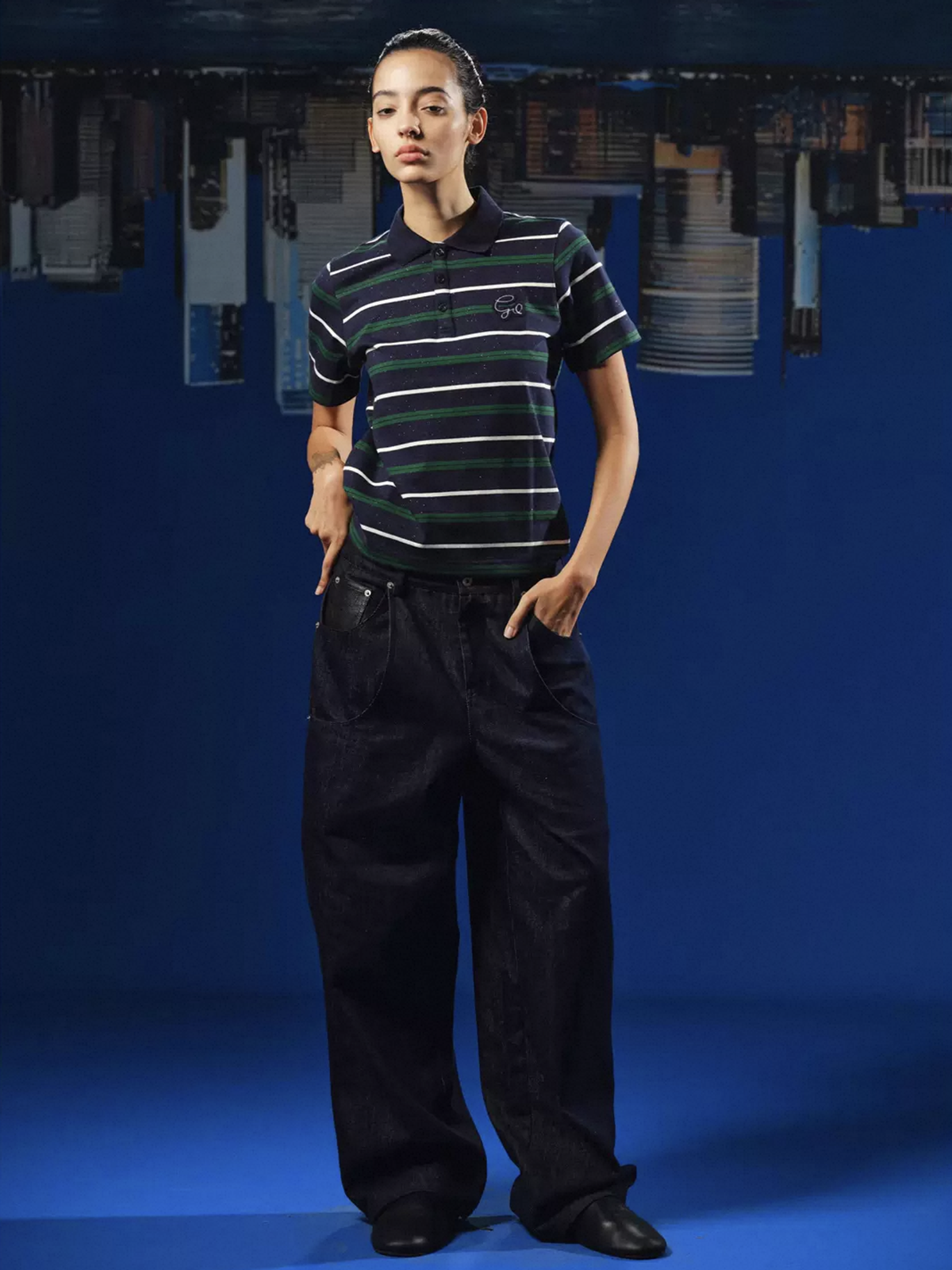Co-ed Dorm Rhinestone Stripe Polo Shirt - Teal