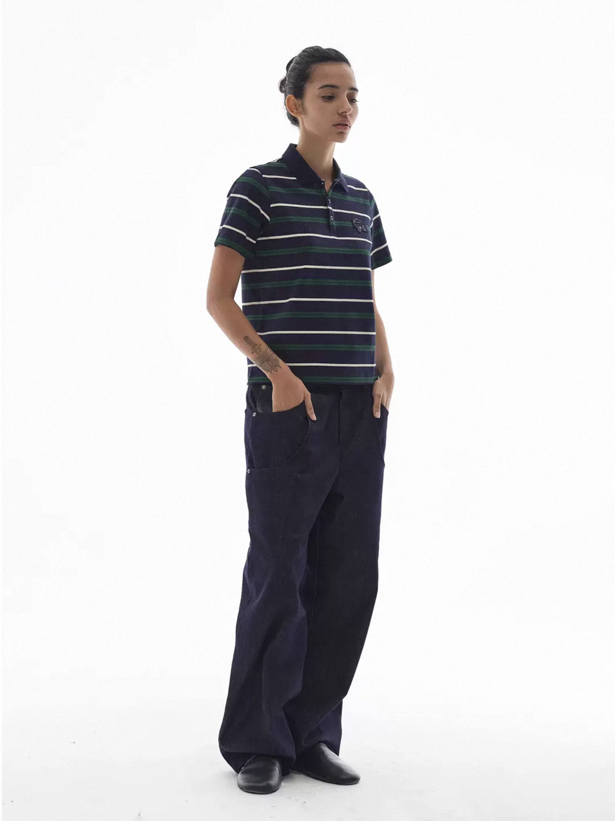 Co-ed Dorm Rhinestone Stripe Polo Shirt - Teal