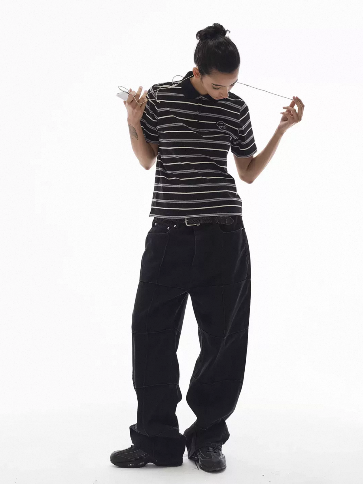 Co-ed Dorm Rhinestone Stripe Polo Shirt - Black