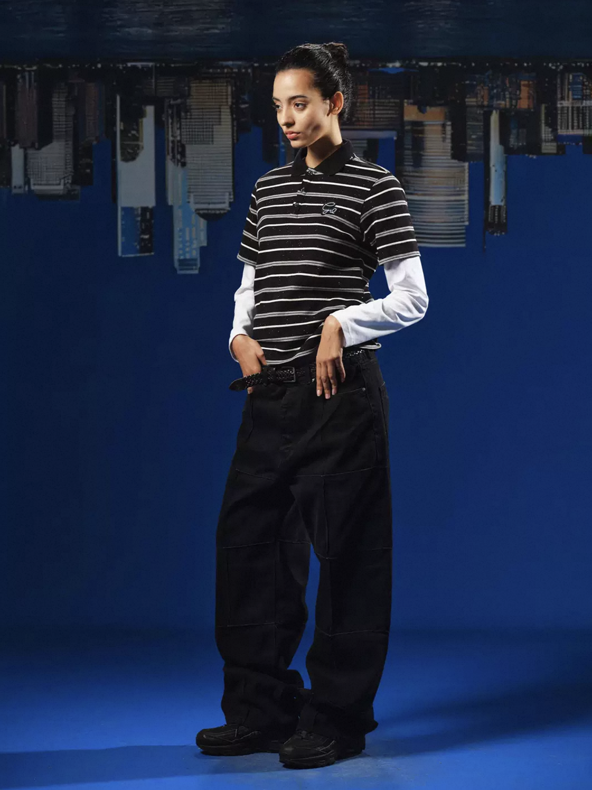 Co-ed Dorm Rhinestone Stripe Polo Shirt - Black