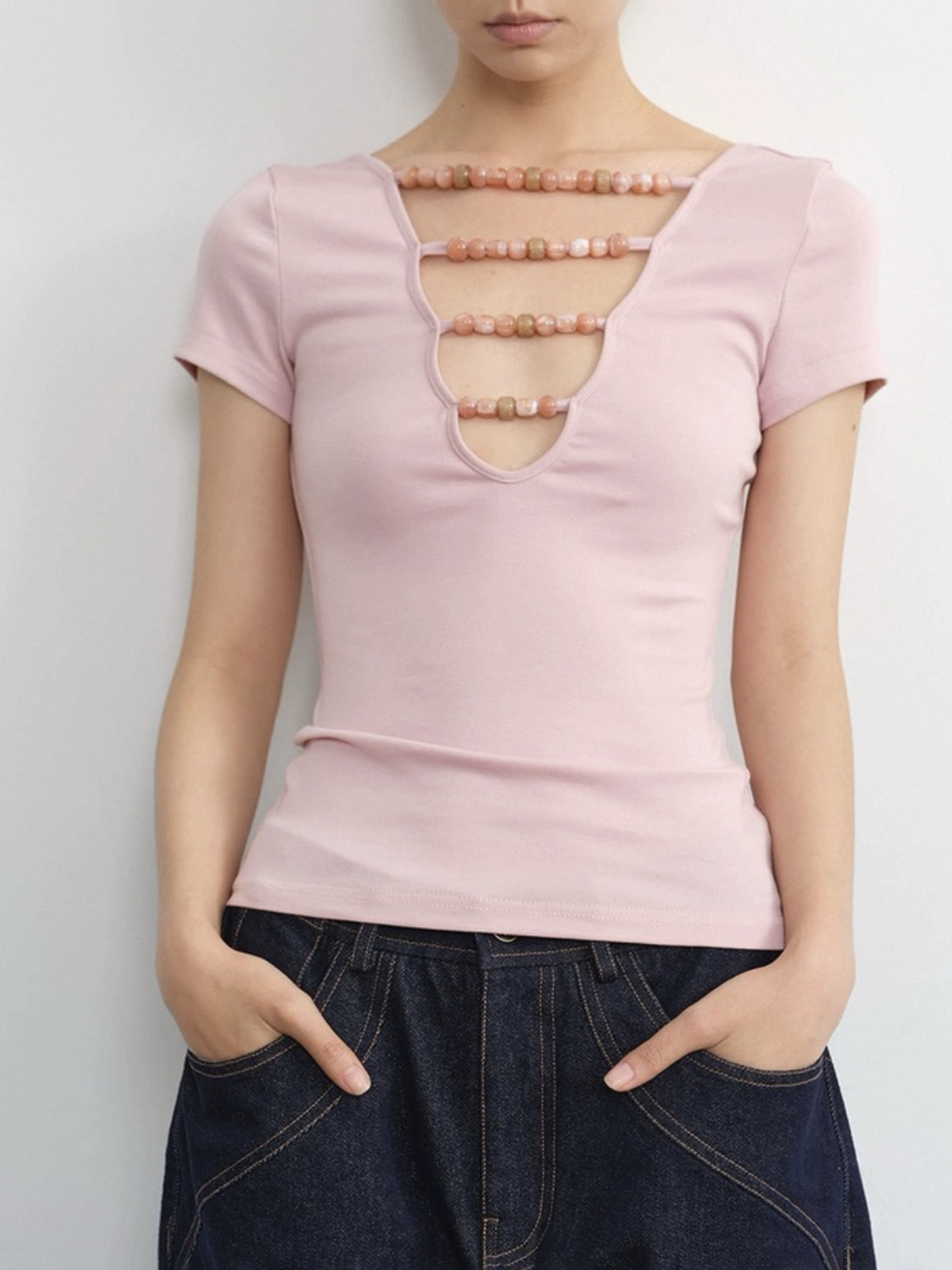 Dolled Office V-neck Lace-up Ribbed Top - Pink