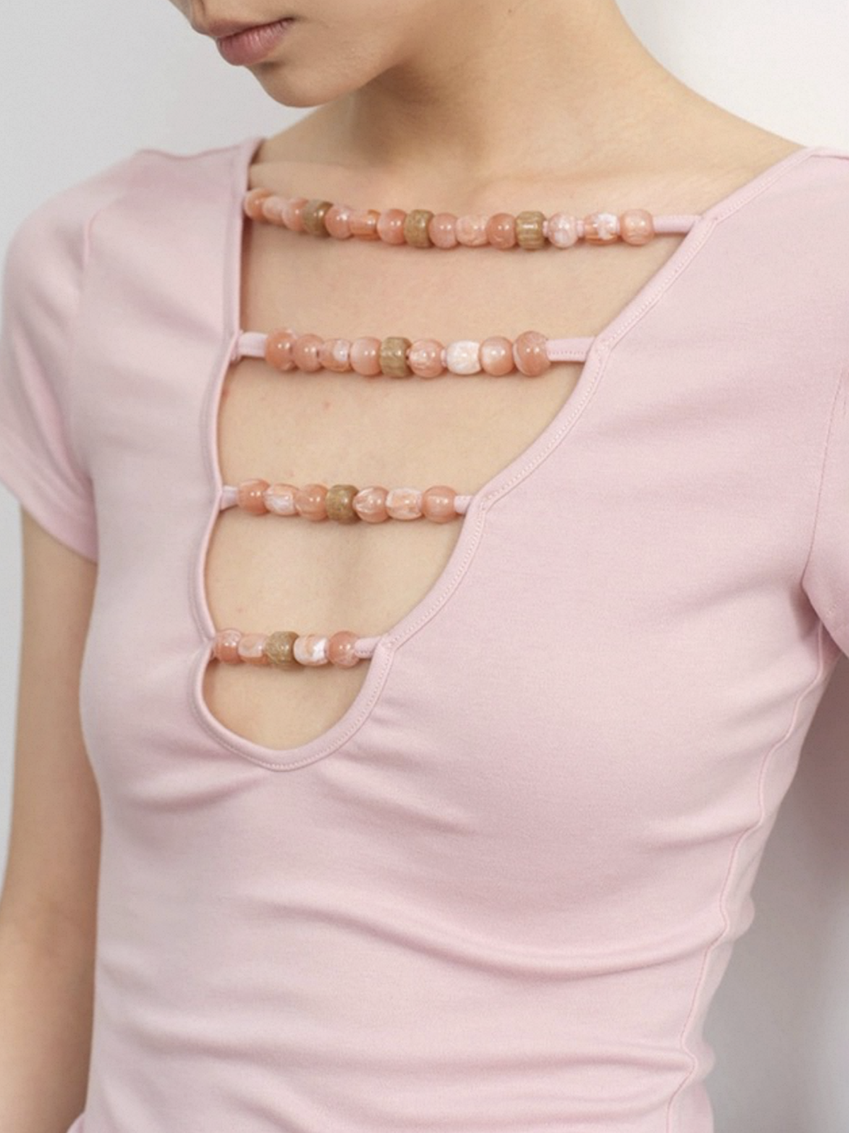 Dolled Office V-neck Lace-up Ribbed Top - Pink
