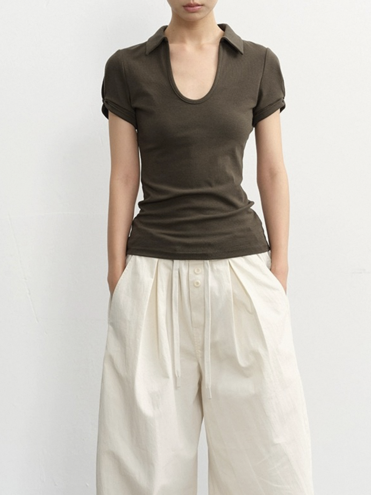 Dolled Office V-neck Polo Collar Slim Fit Top - Brown
