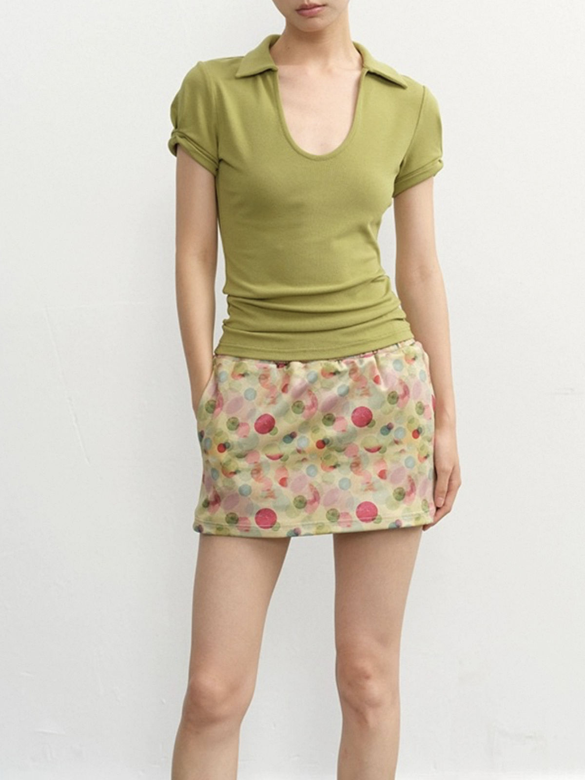 Dolled Office V-neck Ruched Detail Fitted Top - Green