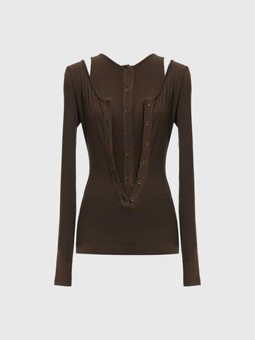 Dolled Office Layered-look Cut Out Long Sleeve - Brown