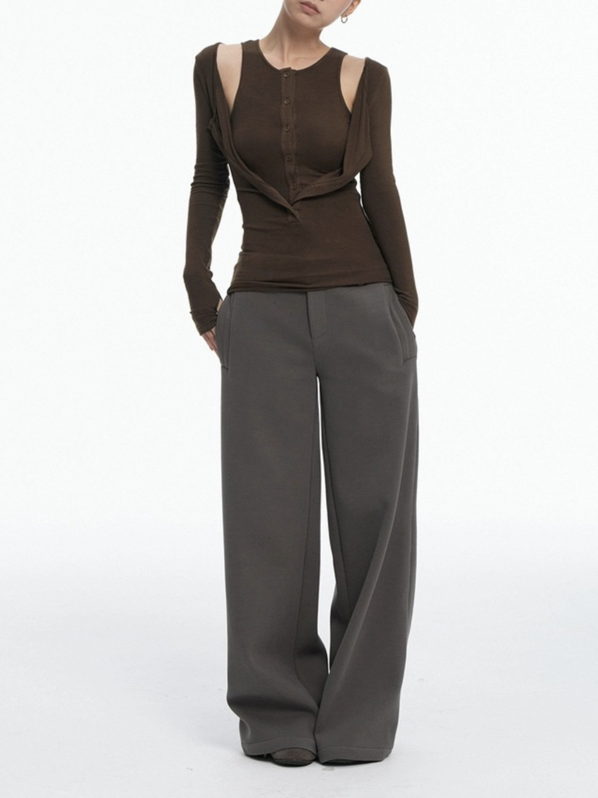Dolled Office Layered-look Cut Out Long Sleeve - Brown