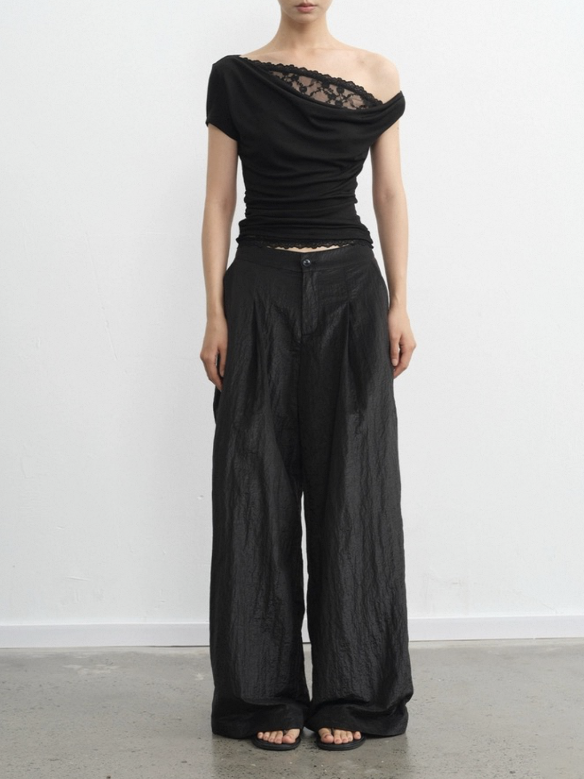 Dolled Office Layered-look Lace Trim Asymmetric Top - Black