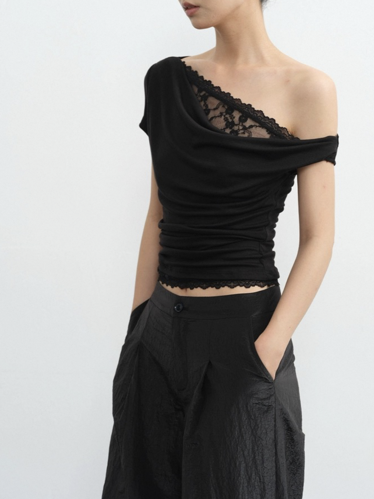 Dolled Office Layered-look Lace Trim Asymmetric Top - Black
