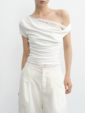 Dolled Office Layered-look Lace Trim Asymmetric Top - White