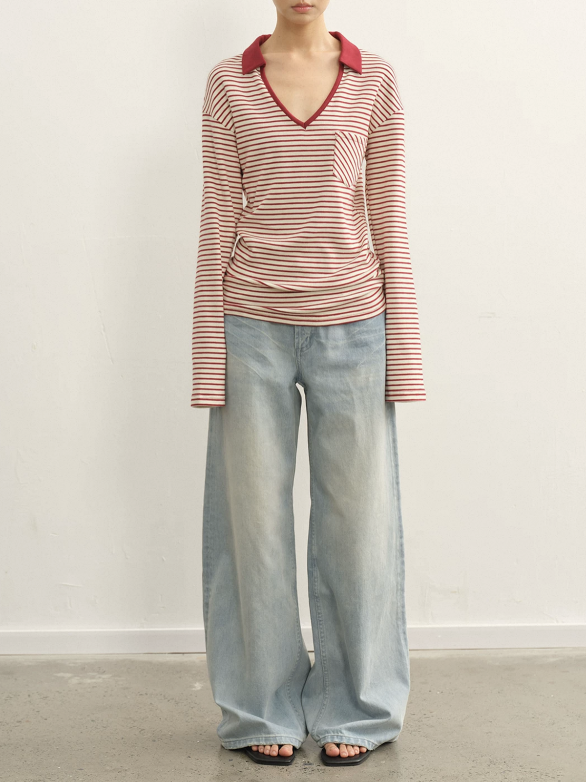 Dolled Office Baggy Stripe V-neck Long Sleeve - Red