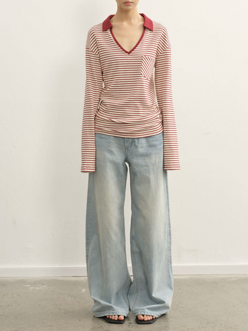 Dolled Office Baggy Stripe V-neck Long Sleeve - Red