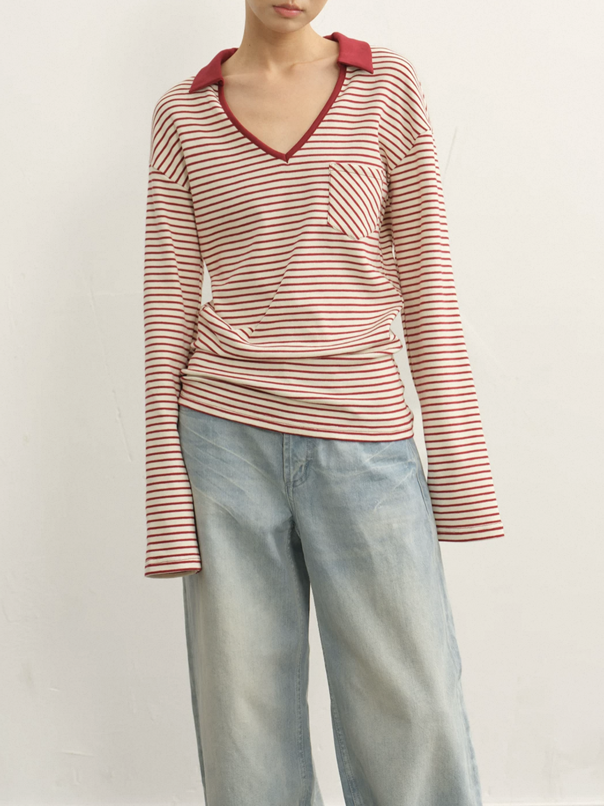 Dolled Office Baggy Stripe V-neck Long Sleeve - Red