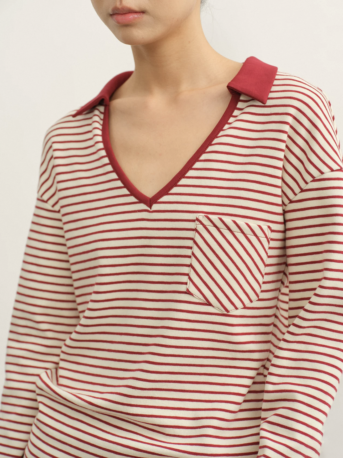 Dolled Office Baggy Stripe V-neck Long Sleeve - Red