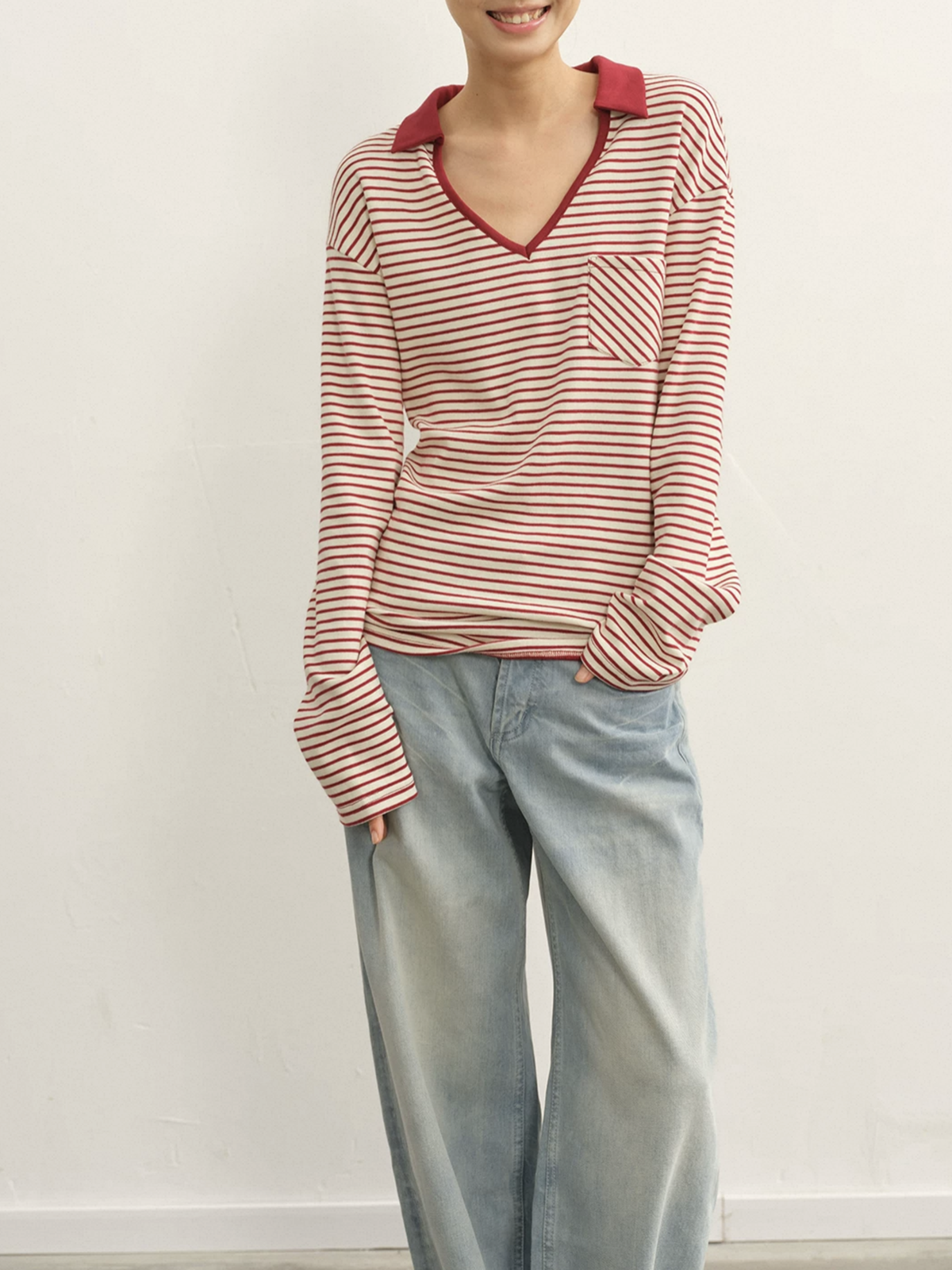 Dolled Office Baggy Stripe V-neck Long Sleeve - Red