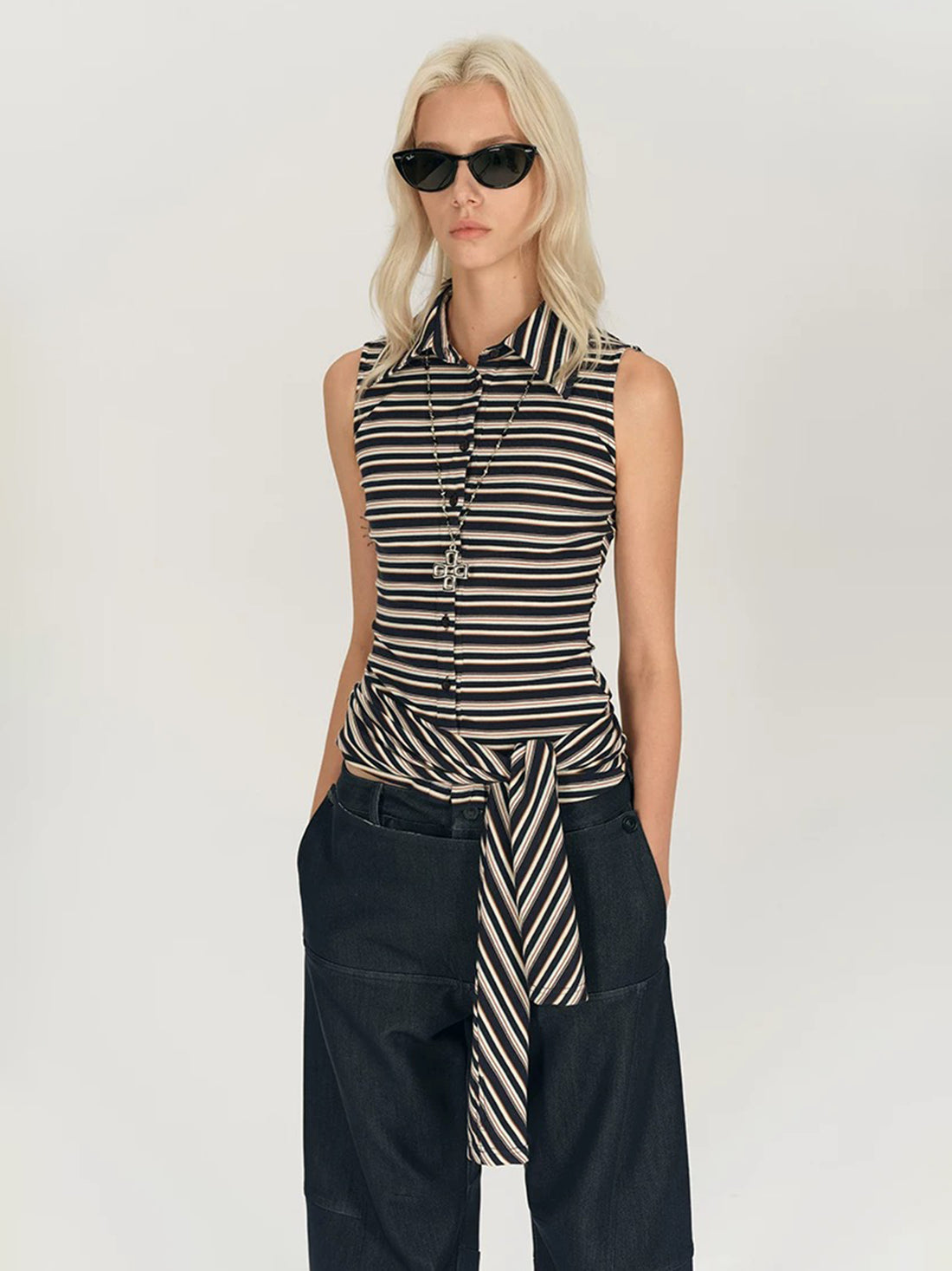 Brick Lane Skimming Stripe Cut Out Long Sleeve - Black