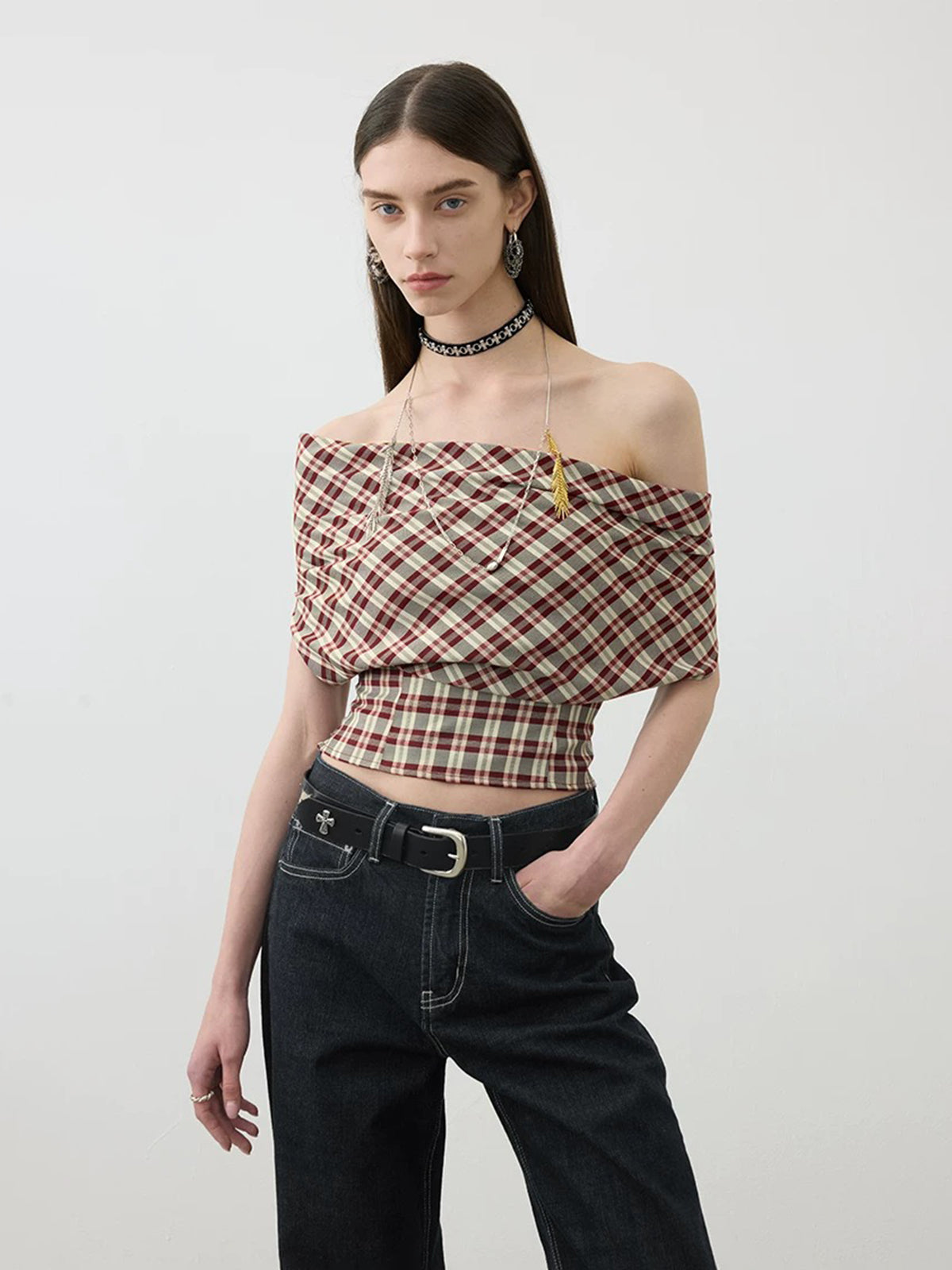 Brick Lane Check Plaid Off-Shoulder Halter Top - Brown