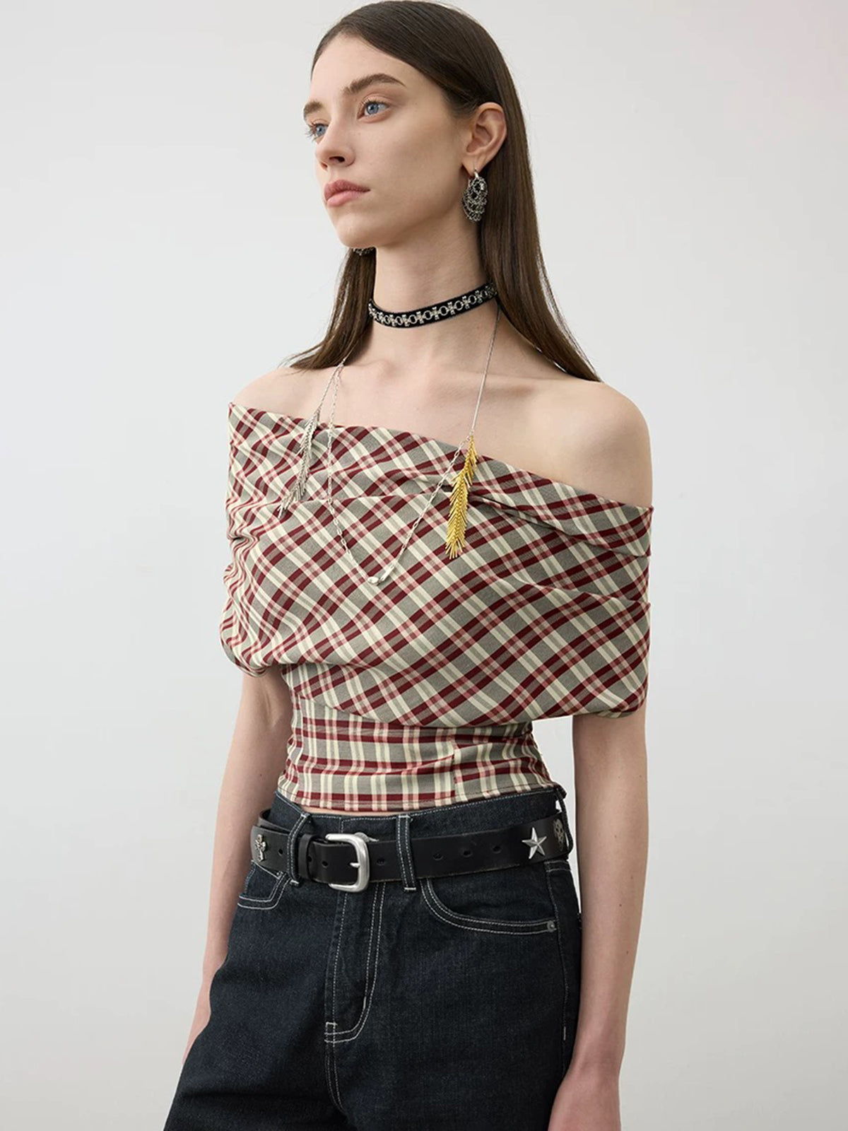 Brick Lane Check Plaid Off-Shoulder Halter Top - Brown