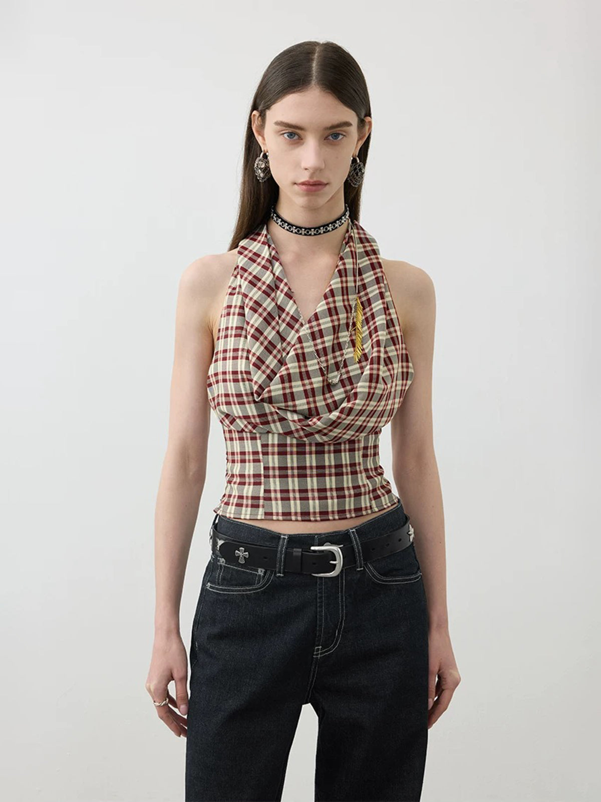 Brick Lane Check Plaid Off-Shoulder Halter Top - Brown