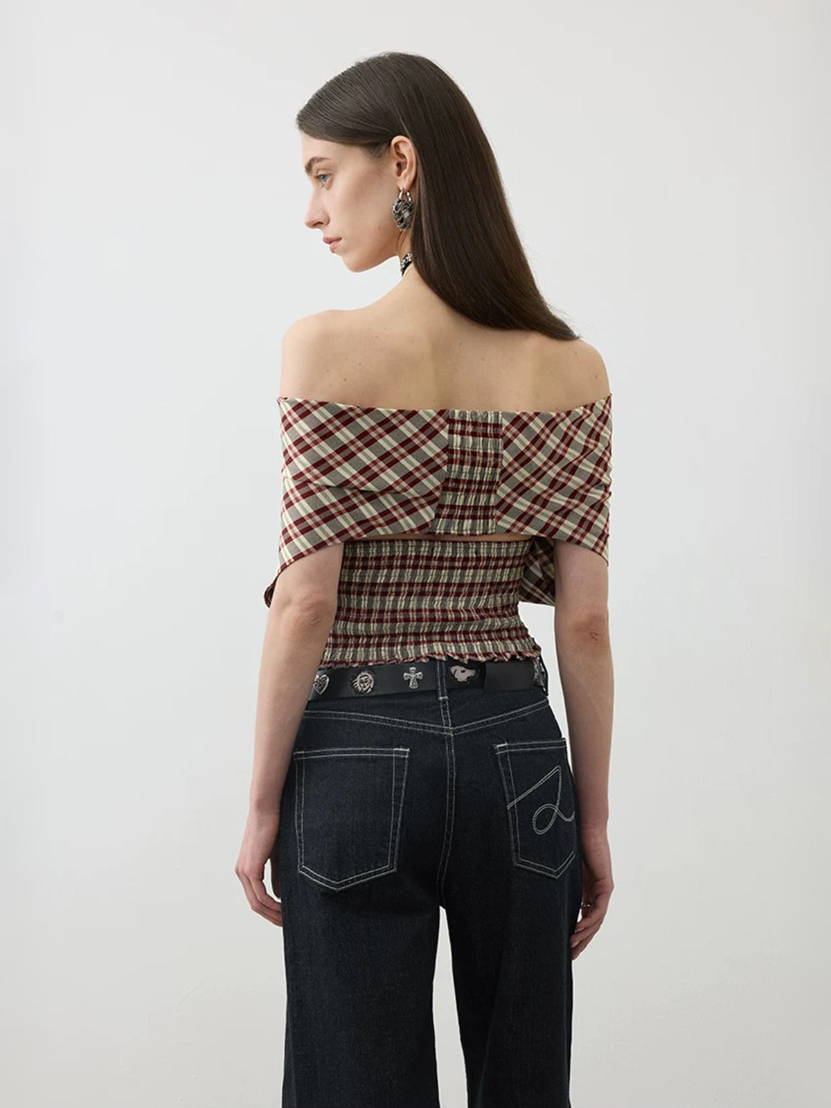 Brick Lane Check Plaid Off-Shoulder Halter Top - Brown