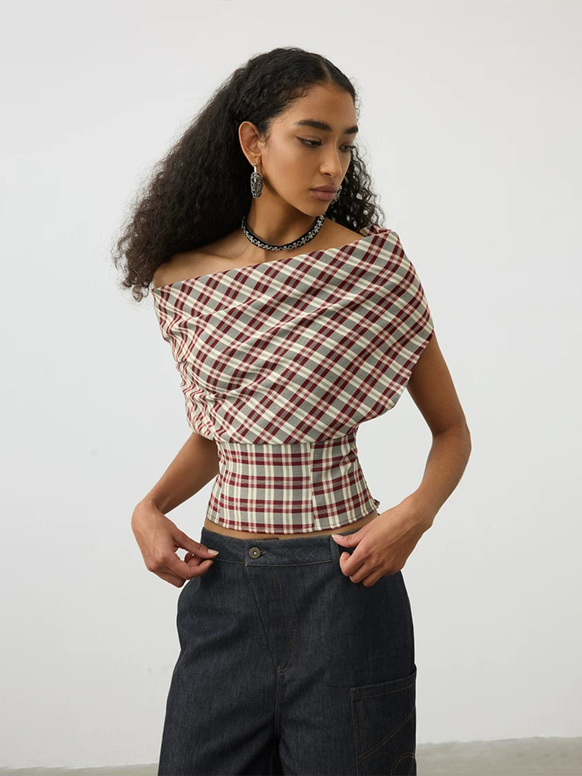 Brick Lane Check Plaid Off-Shoulder Halter Top - Brown