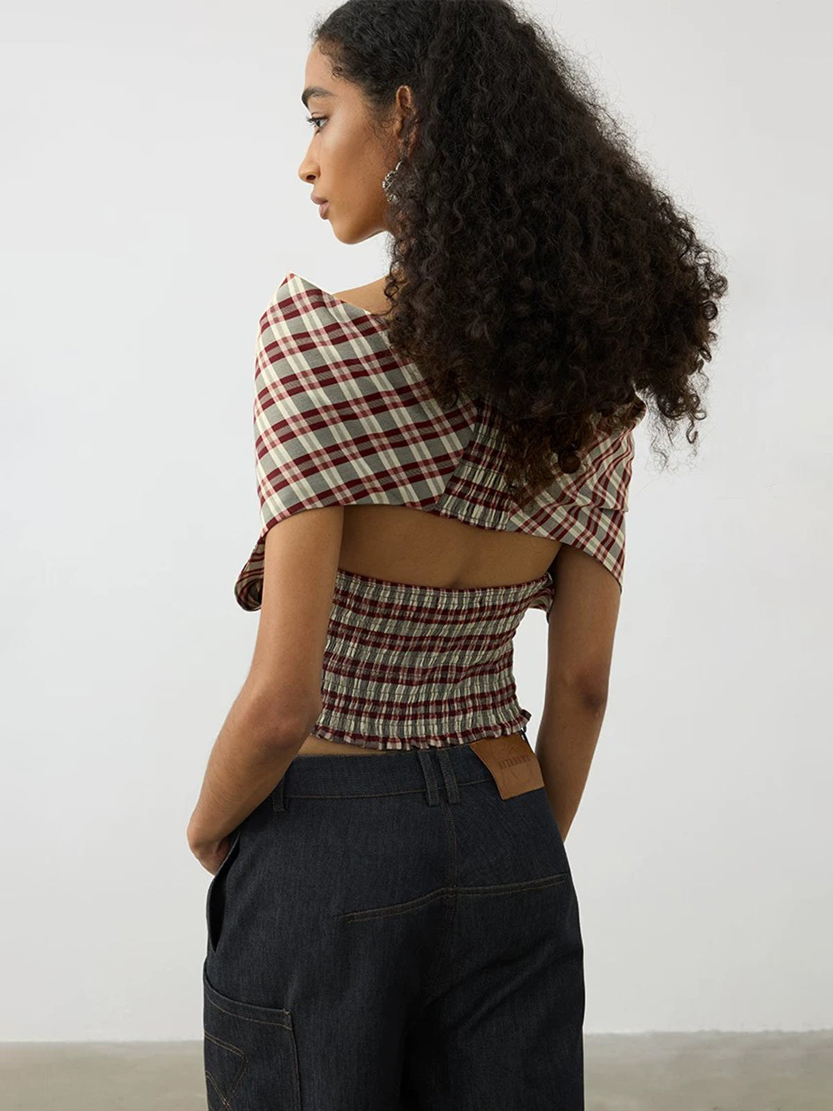 Brick Lane Check Plaid Off-Shoulder Halter Top - Brown