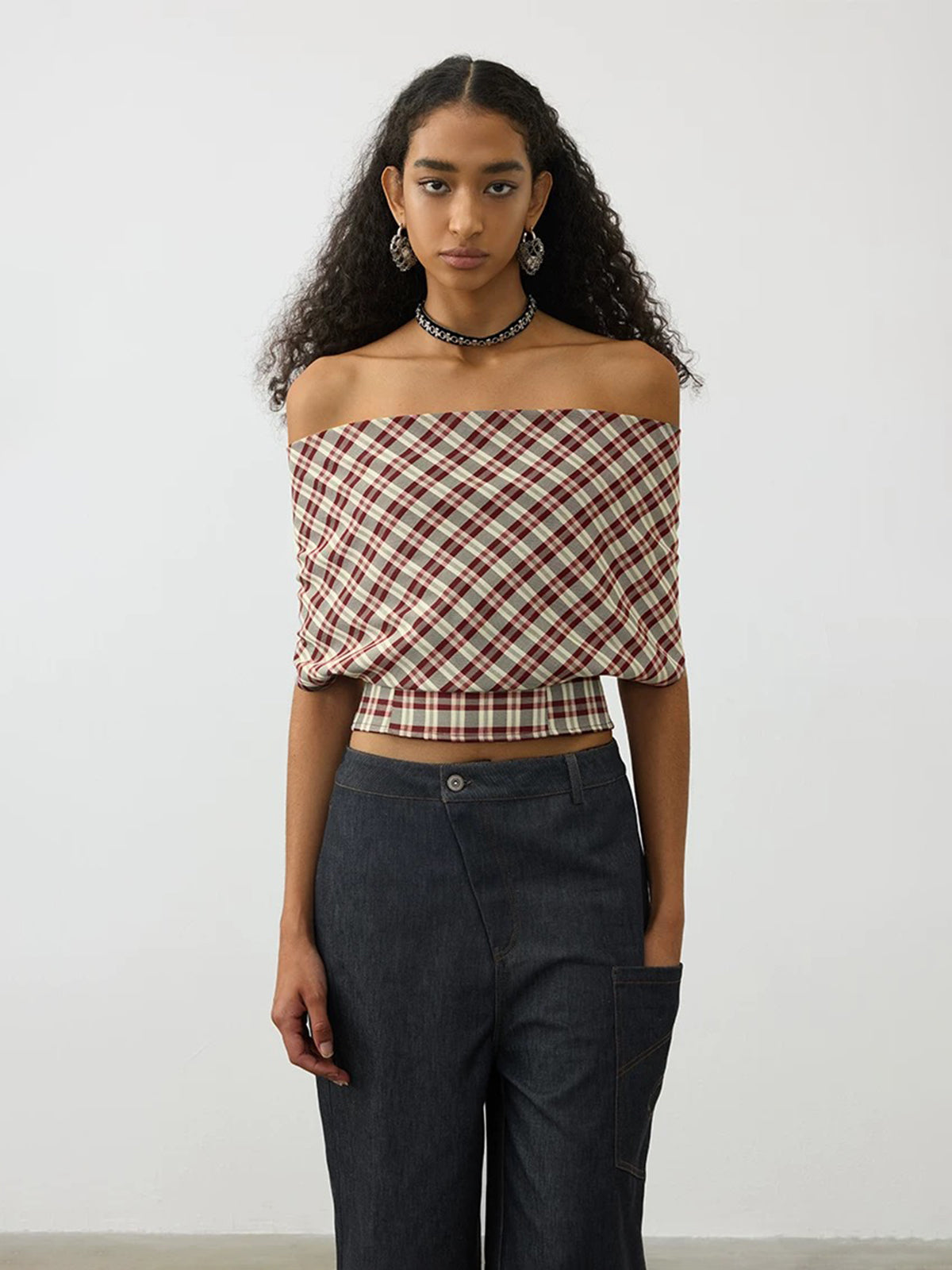 Brick Lane Check Plaid Off-Shoulder Halter Top - Brown