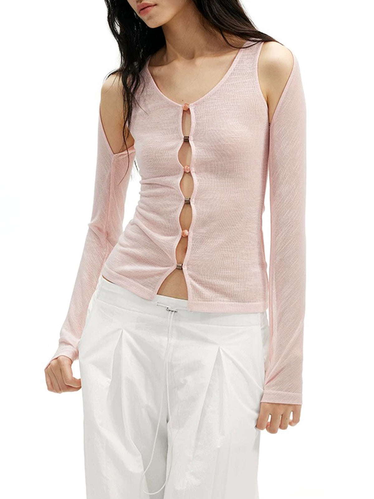 Dolled Office Skimming Cut Out Knit Cardigan - Pink