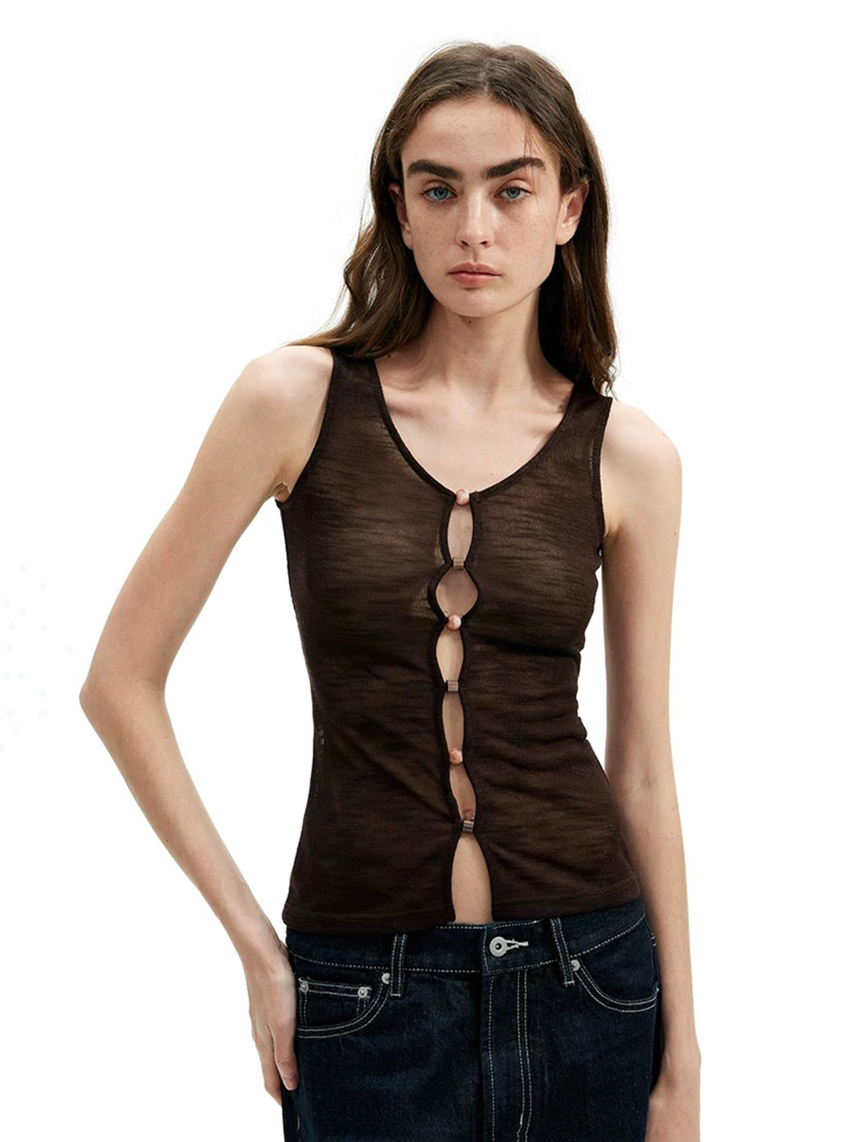 Dolled Office Skimming Cut Out Knit Cardigan - Coffee