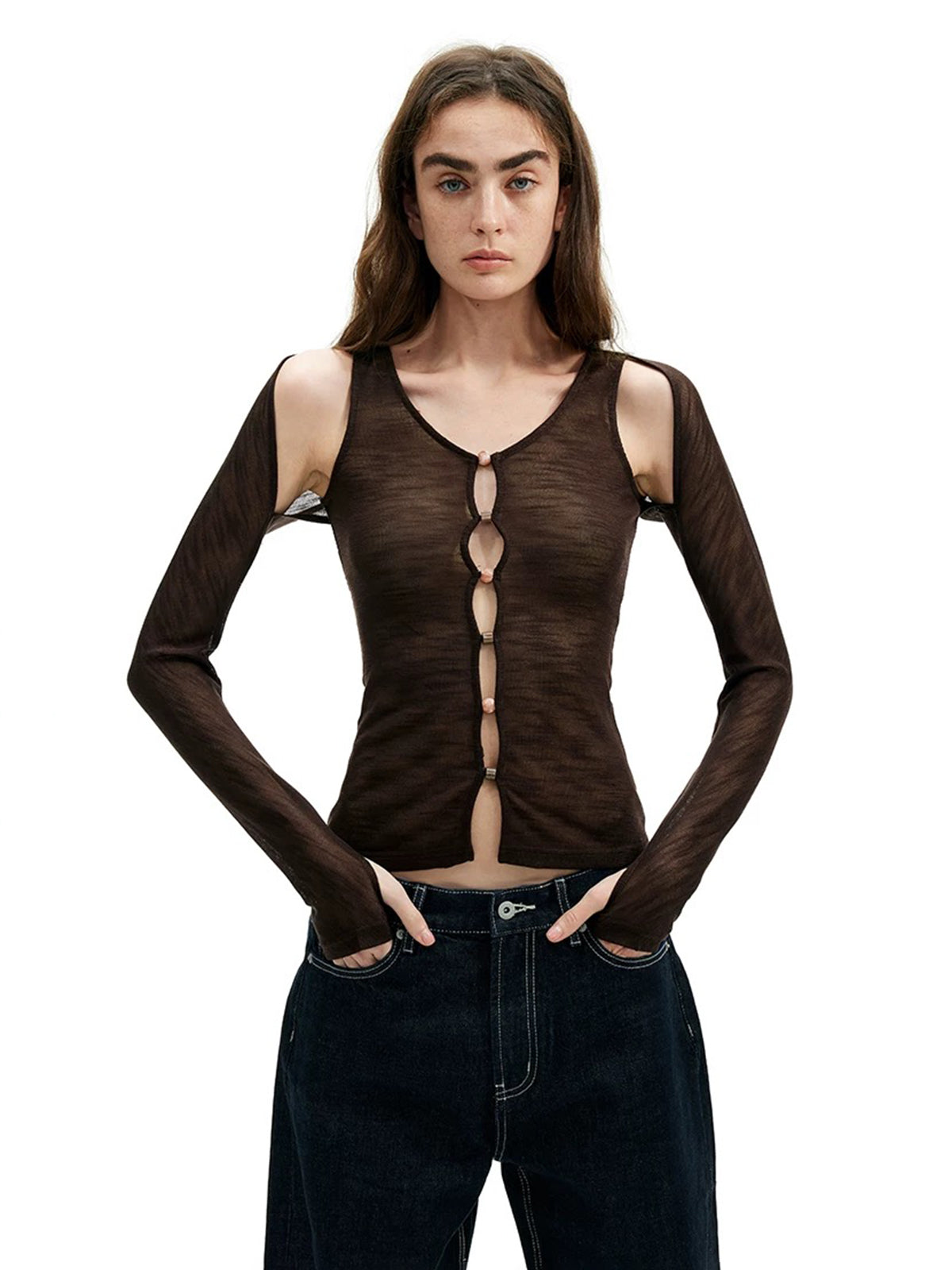 Dolled Office Skimming Cut Out Knit Cardigan - Coffee