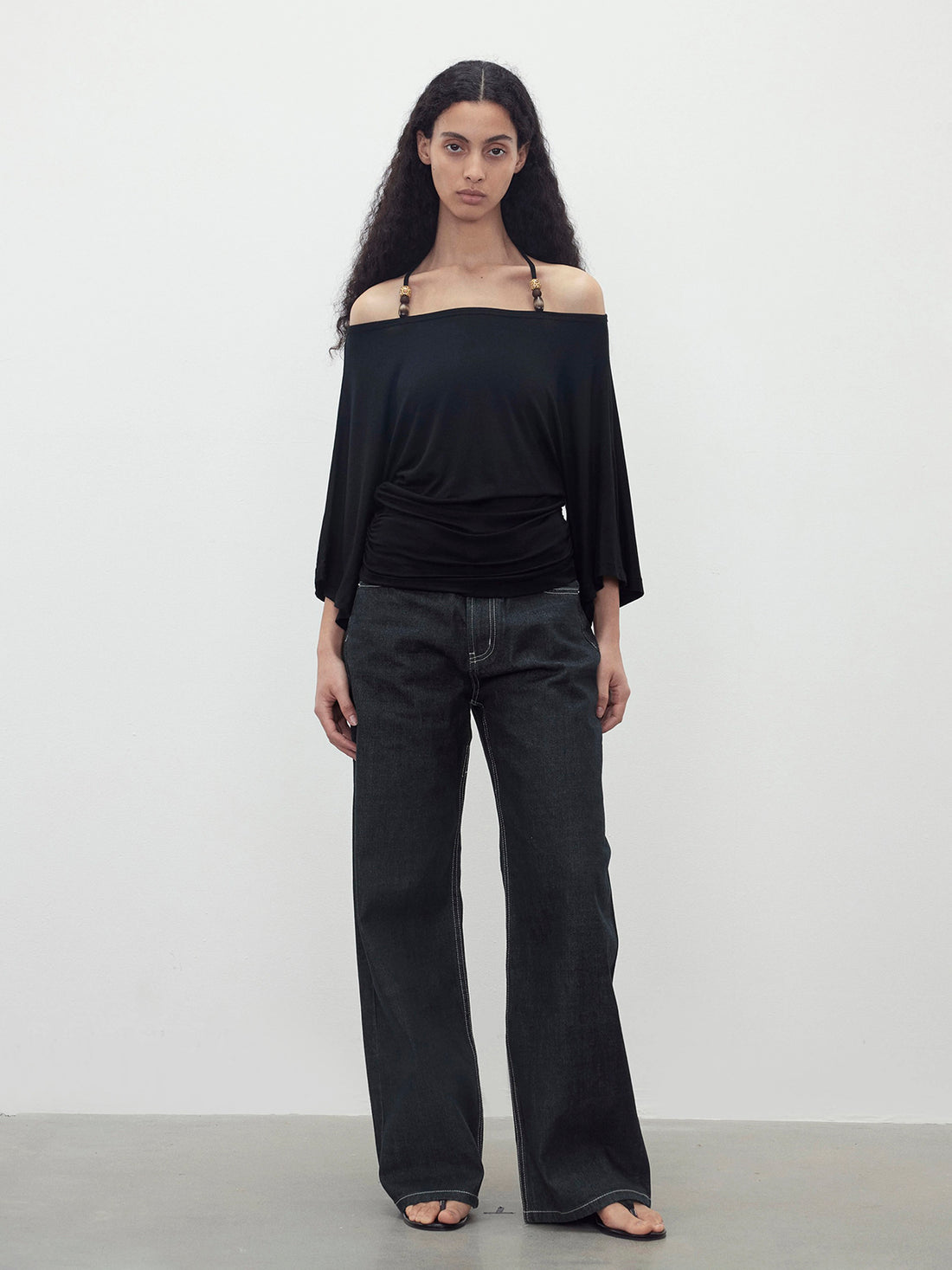 Brick Lane Draped Off-Shoulder Long Sleeve Top - Black