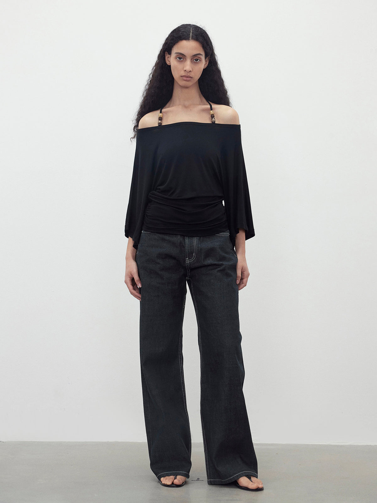 Brick Lane Draped Off-Shoulder Long Sleeve Top - Black