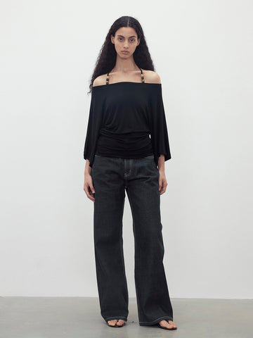 Brick Lane Draped Off-Shoulder Long Sleeve Top - Black
