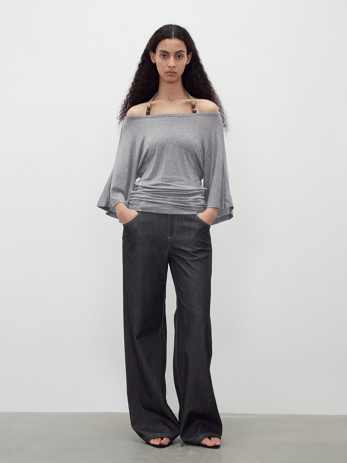 Brick Lane Draped Off-Shoulder Top - Grey