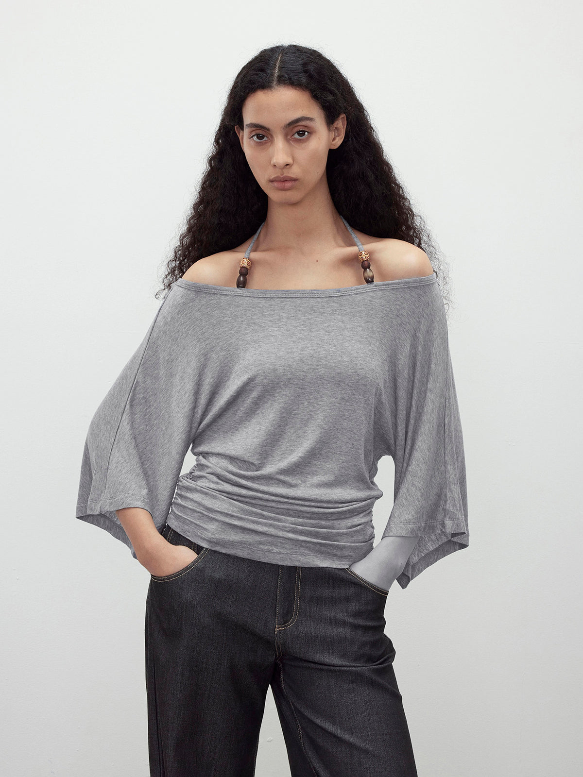 Brick Lane Draped Off-Shoulder Top - Grey