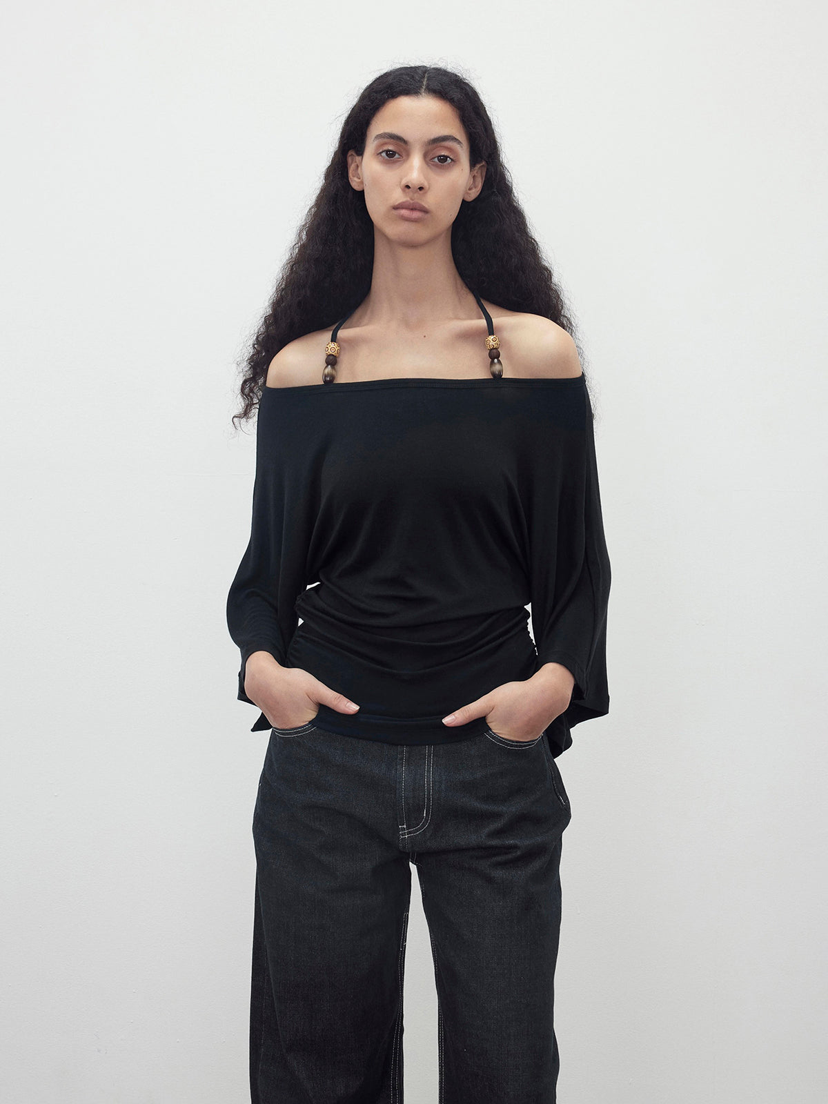 Brick Lane Draped Off-Shoulder Long Sleeve Top - Black