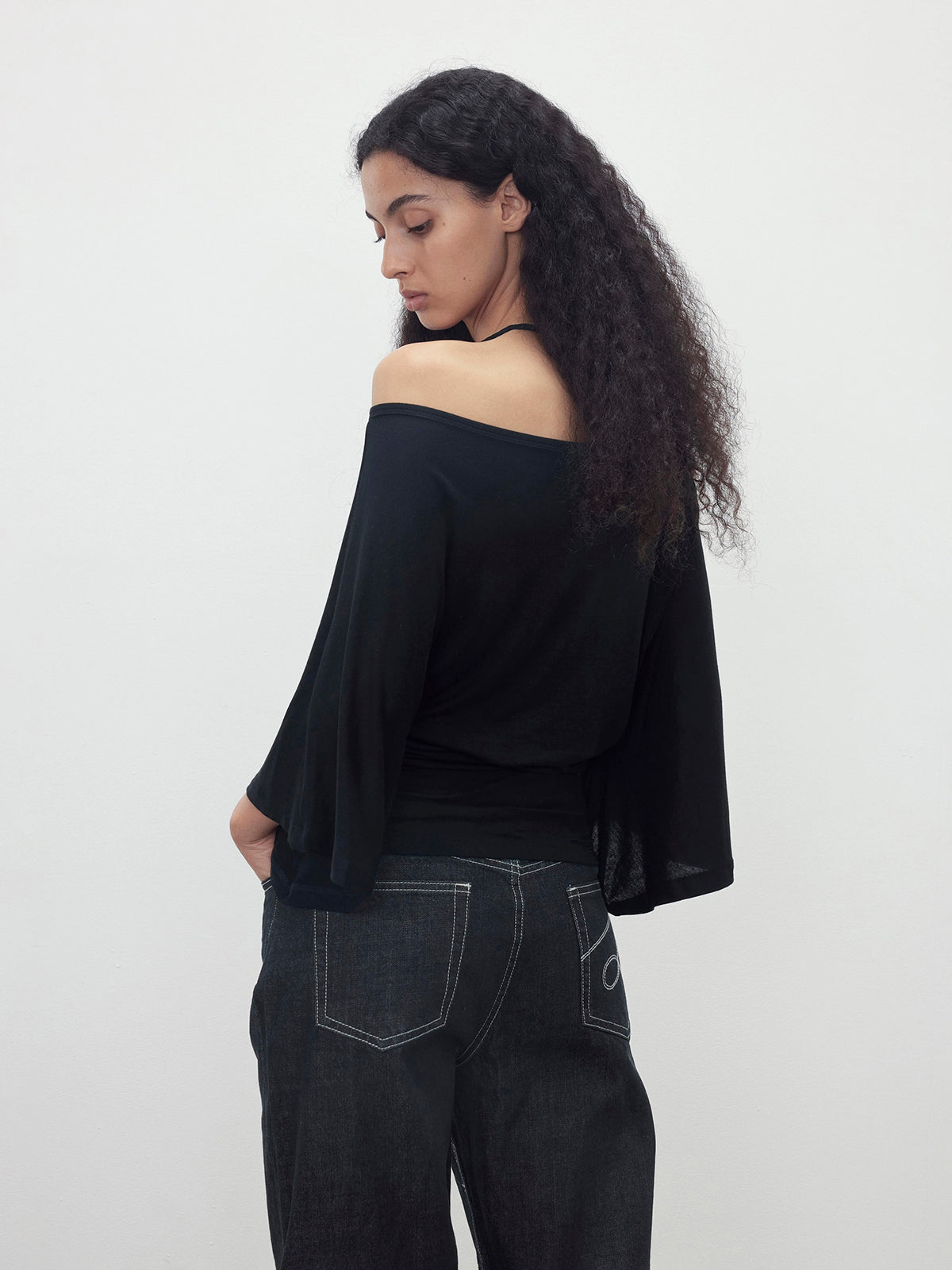 Brick Lane Draped Off-Shoulder Long Sleeve Top - Black