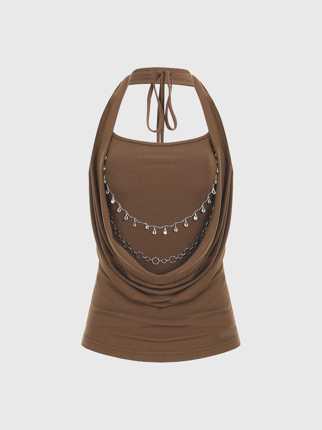 Brick Lane Halter Cowl Neck Chain Detail Top - Brown