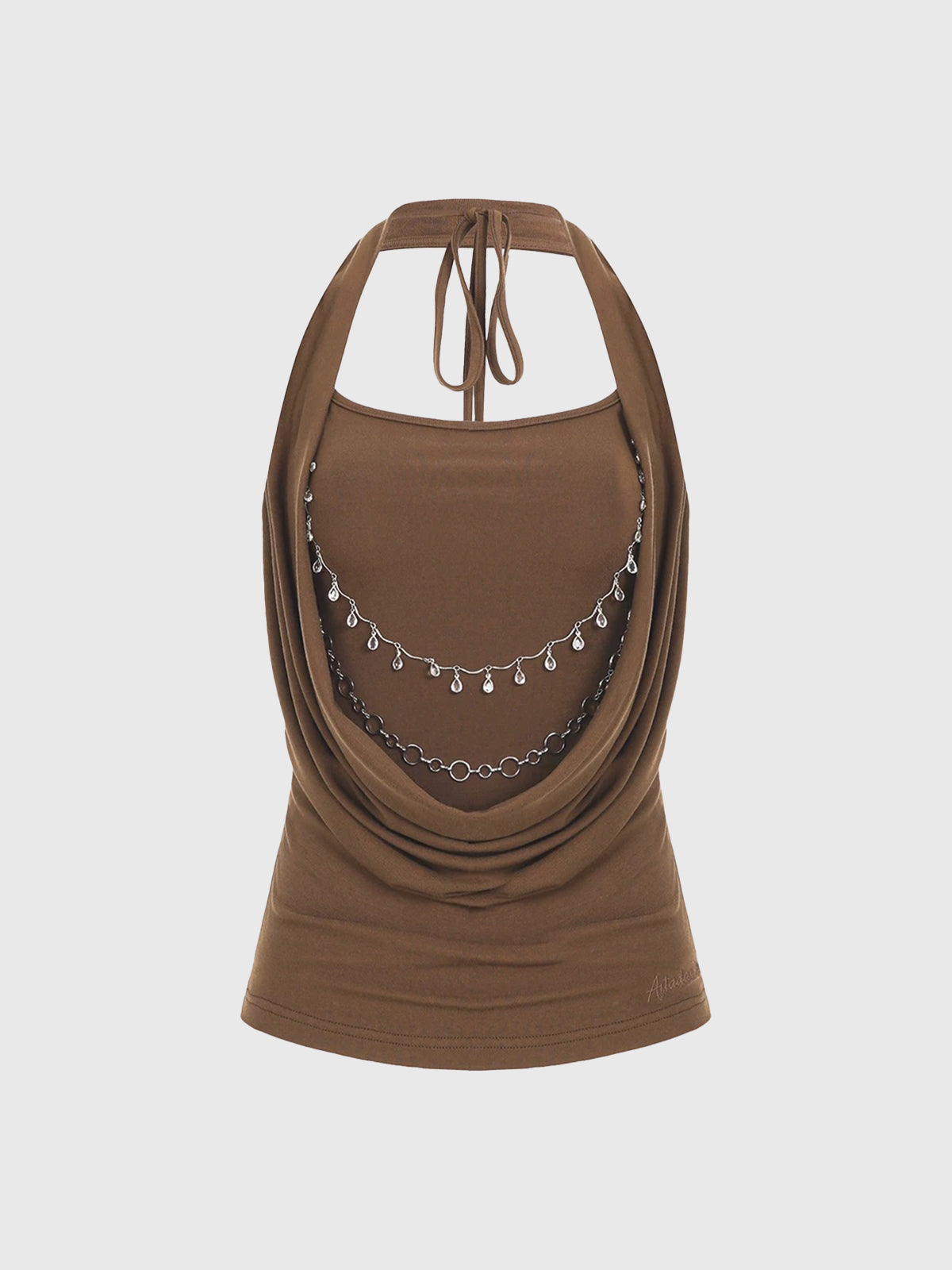 Brick Lane Halter Cowl Neck Chain Detail Top - Brown