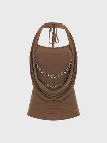 Brick Lane Halter Cowl Neck Chain Detail Top - Brown
