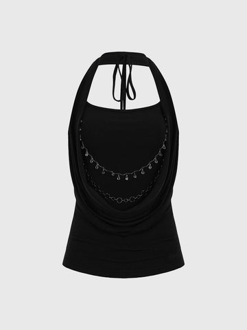 Brick Lane Halter Cowl Neck Chain Detail Top - Black