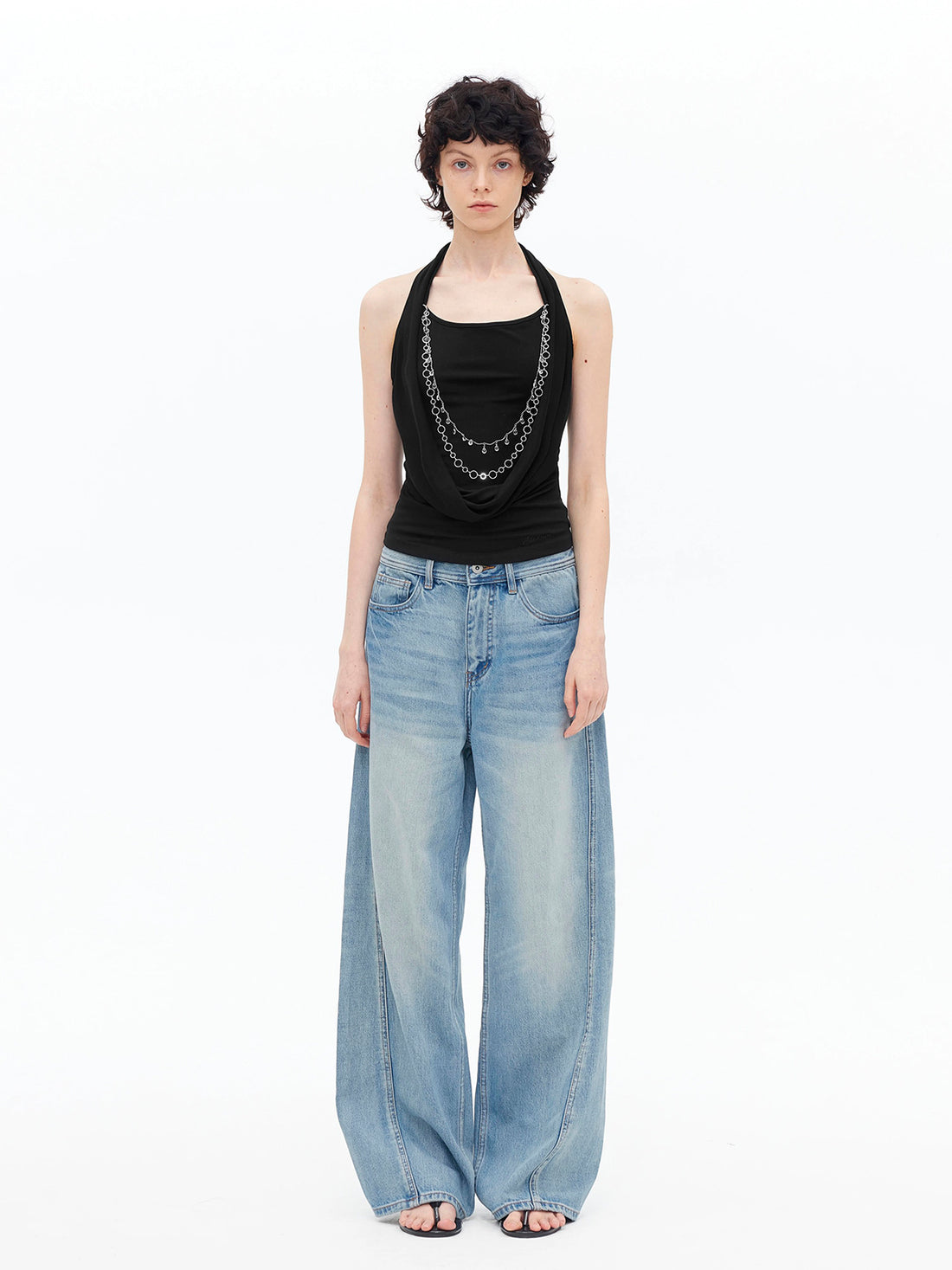 Brick Lane Halter Cowl Neck Chain Detail Top - Black