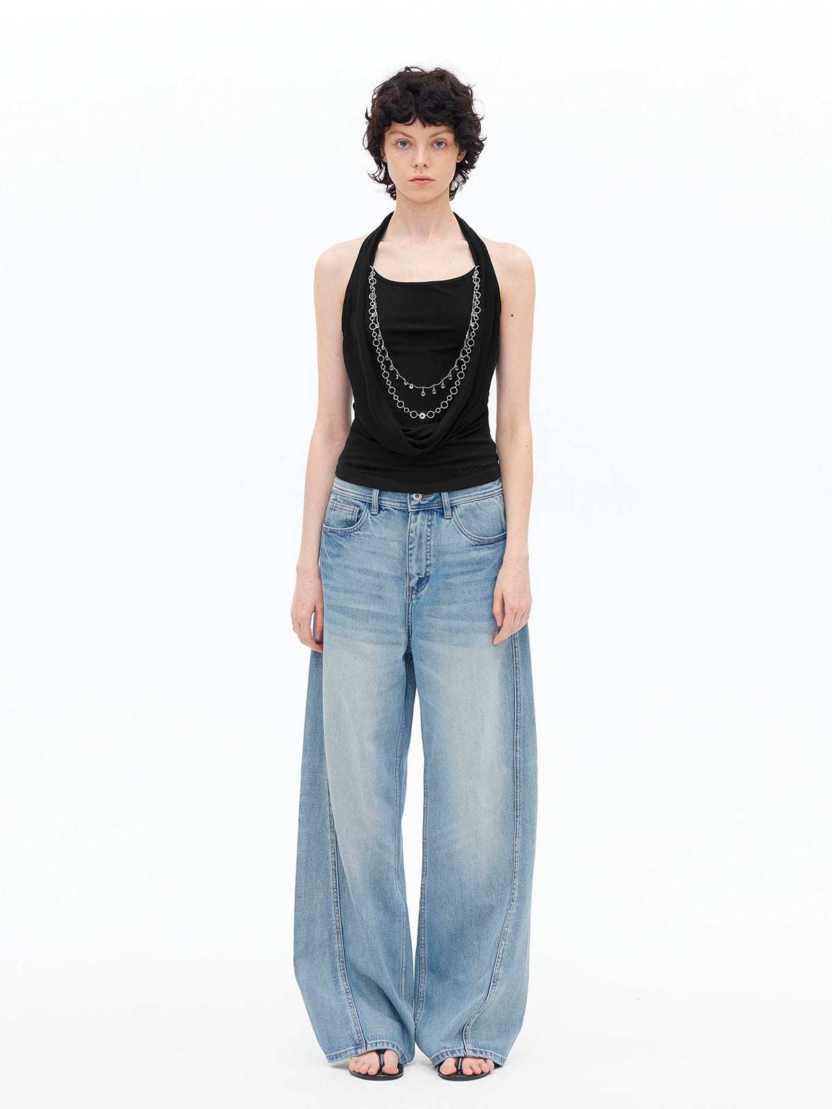 Brick Lane Halter Cowl Neck Chain Detail Top - Black