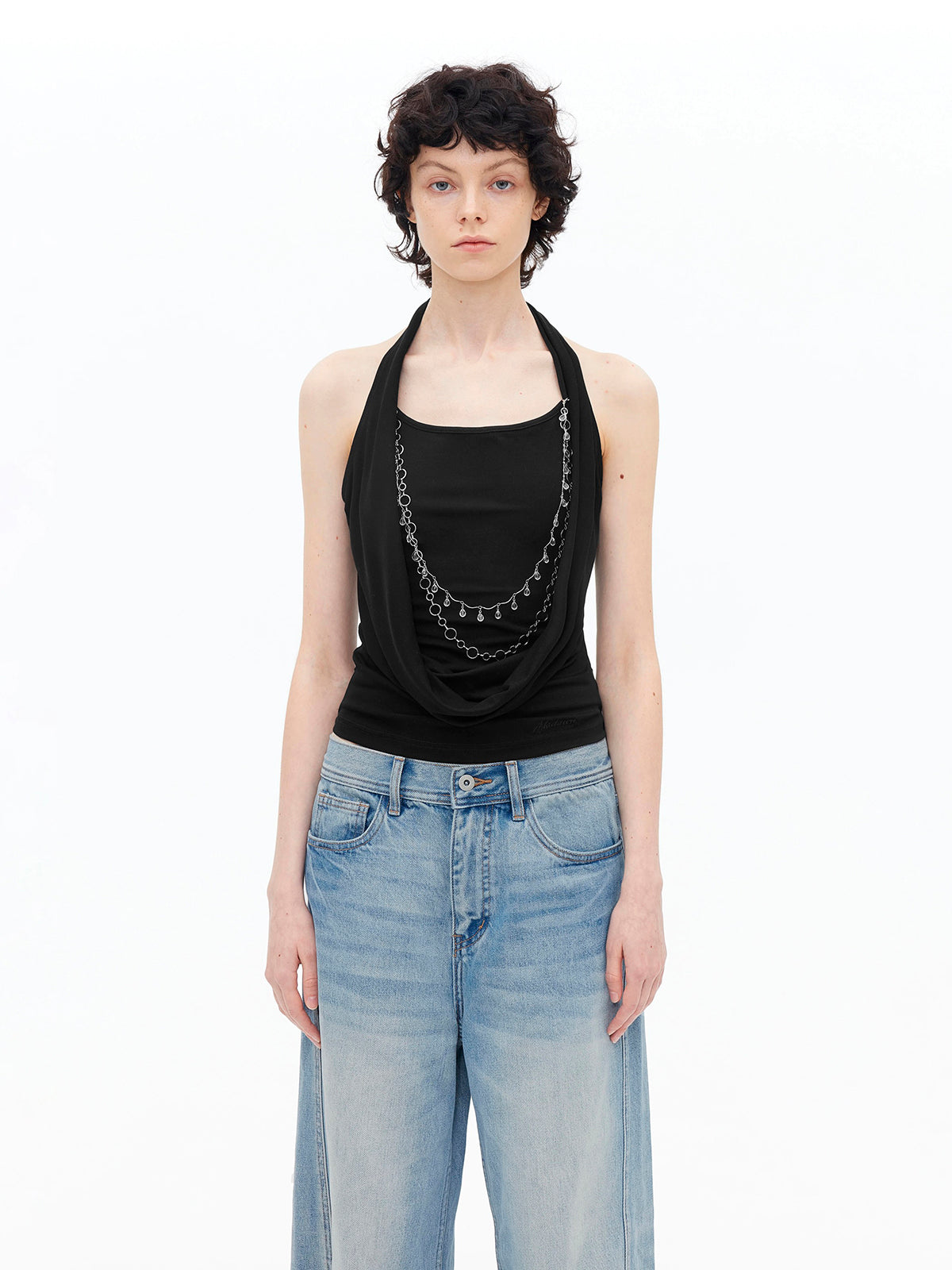 Brick Lane Halter Cowl Neck Chain Detail Top - Black
