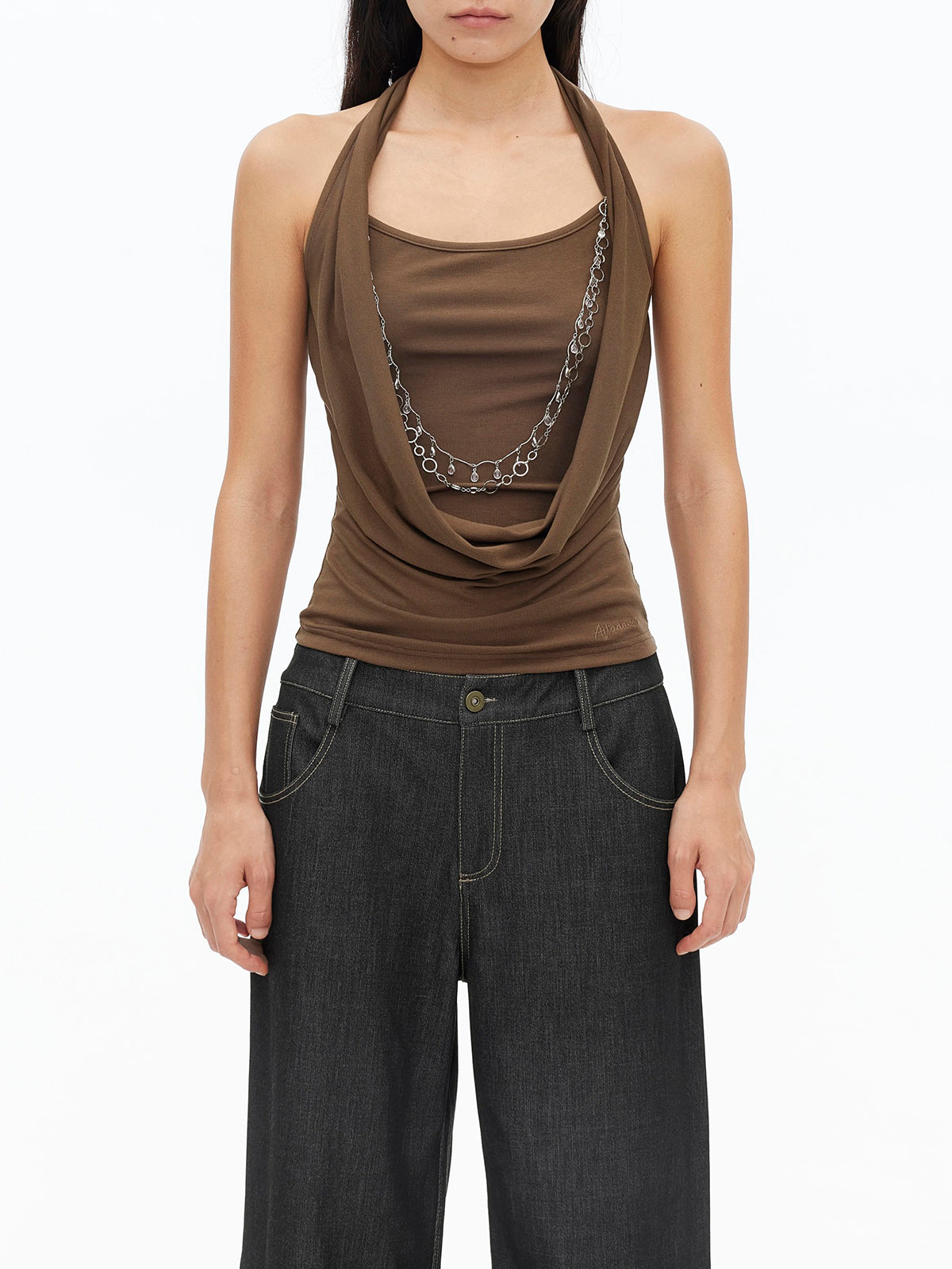 Brick Lane Halter Cowl Neck Chain Detail Top - Brown