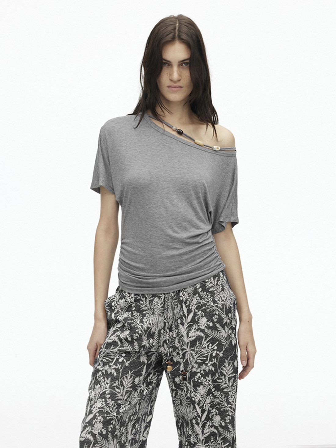 Dolled Office Draped One Shoulder Short Sleeve - Grey