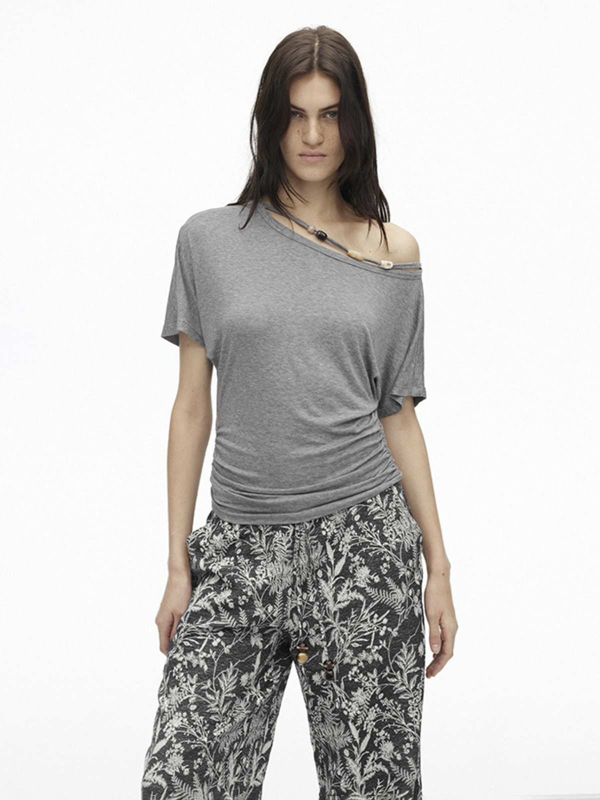 Dolled Office Draped One Shoulder Short Sleeve - Grey